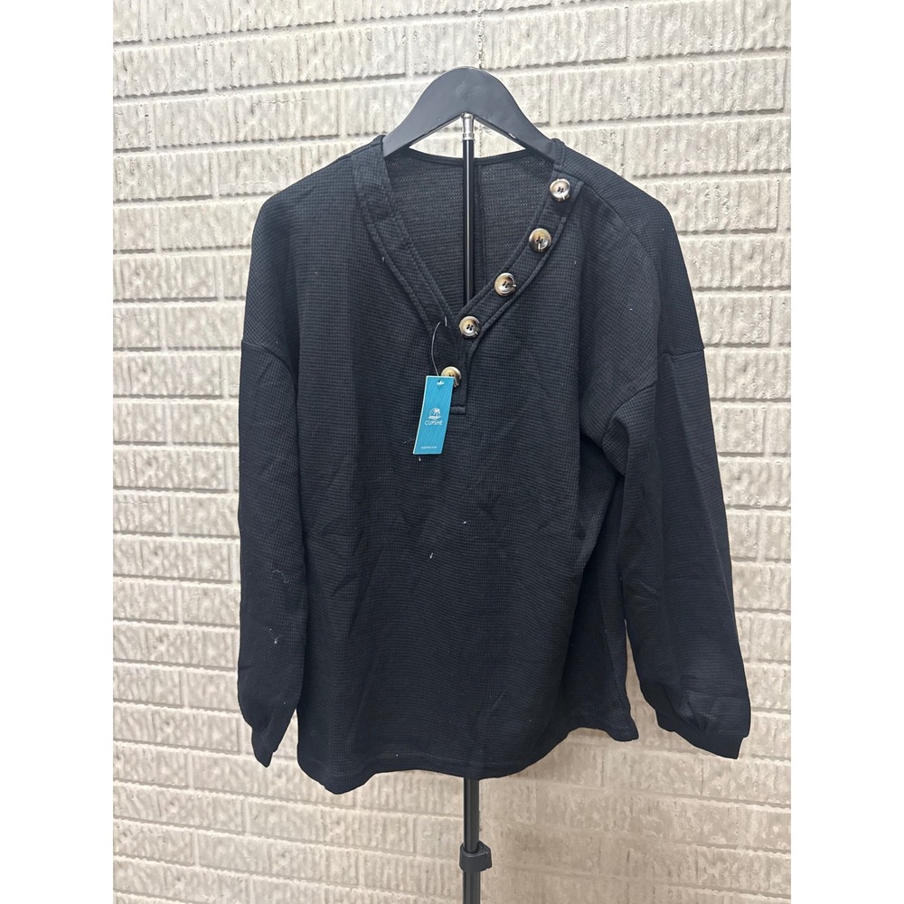 Cupshe Womens Black Waffle Knit Asymmetric Button Henley Top Small CAA04C4J016BB